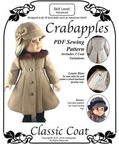 Crabapples 18 Inch Modern Classic Coat and Hat 18" Doll Clothes Pattern Pixie Faire