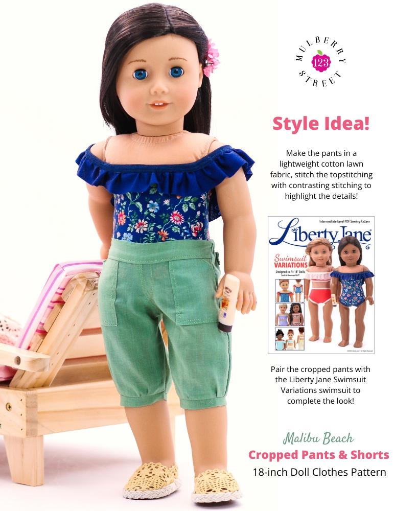 123 Mulberry Street 18 Inch Modern Malibu Beach Cropped Pants 18" Doll Clothes Pattern Pixie Faire