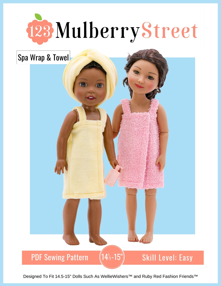 123 Mulberry Street Ruby Red Fashion Friends Spa Wrap & Towel 14.5-15" Doll Clothes Pattern Pixie Faire
