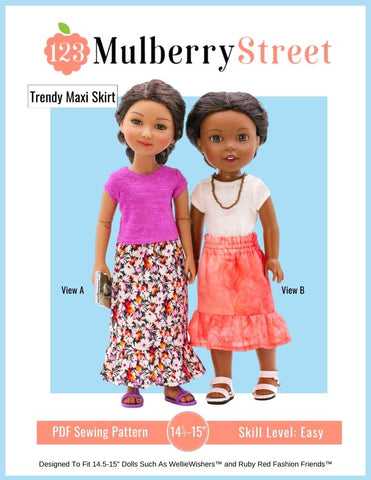 123 Mulberry Street Ruby Red Fashion Friends Trendy Maxi Skirt 14.5-15" Doll Clothes Pattern Pixie Faire