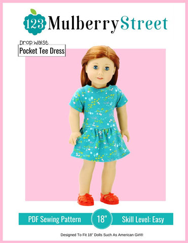 123 Mulberry Street 18 Inch Modern Drop Waist Pocket Tee Dress 18" Doll Clothes Pattern Pixie Faire