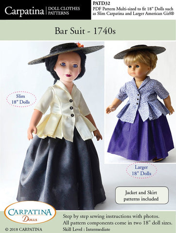 Carpatina Dolls 18 Inch Historical 1740s Bar Suit Multi-sized Pattern for Regular and Slim 18" Dolls Pixie Faire