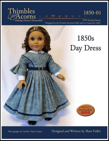 Thimbles and Acorns 18 Inch Historical 1850's Day Dress 18" Doll Clothes Pattern Pixie Faire