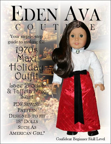 Eden Ava 18 Inch Historical 1970's Holiday Maxi Outfit 18" Doll Clothes Pattern Pixie Faire