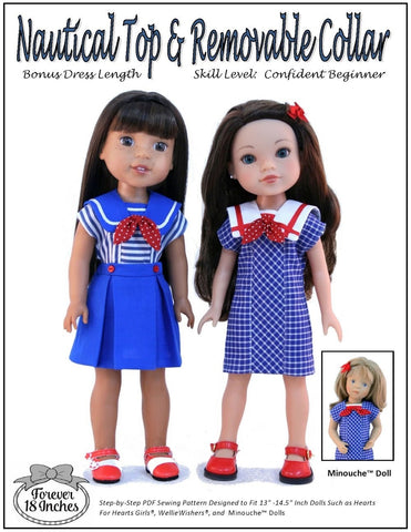 Forever 18 Inches WellieWishers Nautical Top & Removable Collar 13-14.5" Doll Clothes Pattern Pixie Faire