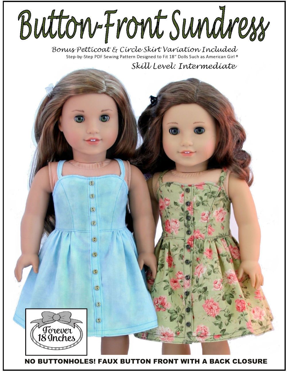 Forever 18 Inches 18 Inch Modern Button Front Sundress 18" Doll Clothes Pattern Pixie Faire