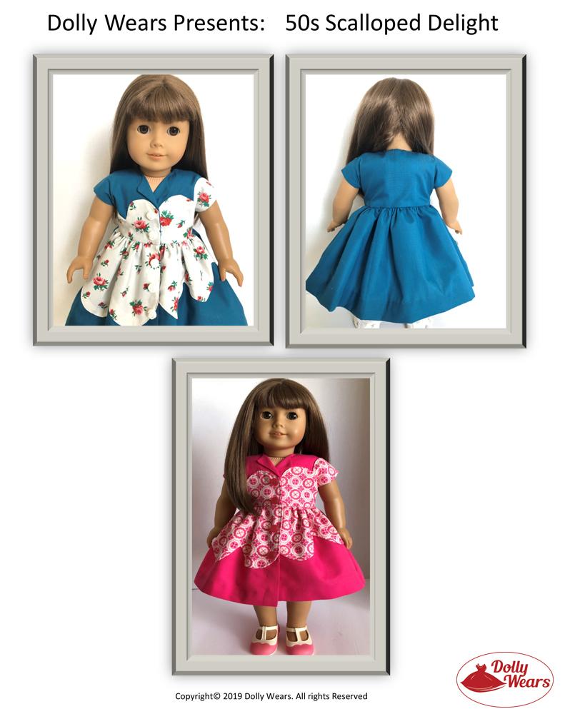 Dolly Wears 18 Inch Historical 50s Scalloped Delight Dress 18" Doll Clothes Pattern Pixie Faire