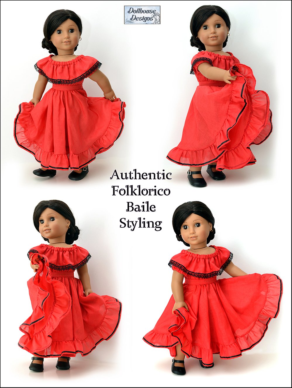 Dollhouse Designs 18 Inch Historical Fiesta Folklorico Dress & Blouse 18" Doll Clothes Pattern Pixie Faire