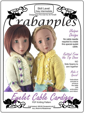 Crabapples A Girl For All Time Eyelet Cable Cardigan Knitting Pattern for AGAT Dolls Pixie Faire