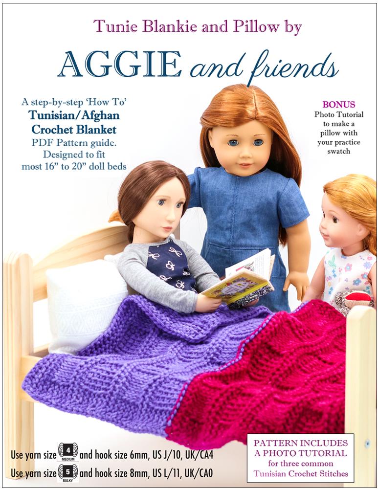 Aggie and Friends Tunie Blankie and Pillow Crochet Pattern For 16-20