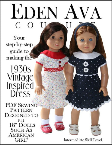 Eden Ava 18 Inch Historical 1930's Vintage Dress 18" Doll Clothes Pattern Pixie Faire