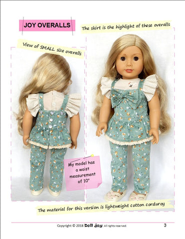 Doll Joy 18 Inch Modern Joy Overalls 18" Doll Clothes Pattern Pixie Faire