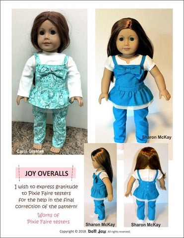 Doll Joy 18 Inch Modern Joy Overalls 18" Doll Clothes Pattern Pixie Faire