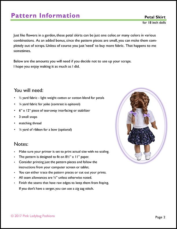 Pink Ladybug 18 Inch Modern Petal Skirt 18" Doll Clothes Pattern Pixie Faire