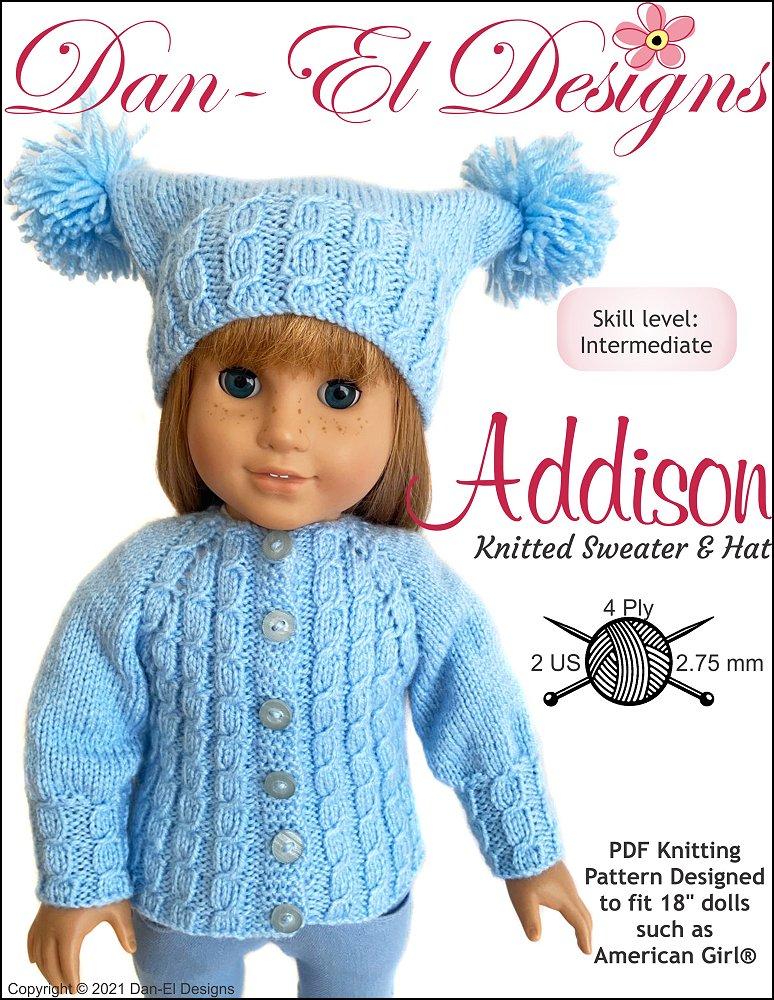 Dan-El Designs Knitting Addison Knitted Sweater and Hat 18" Doll Knitting Pattern Pixie Faire