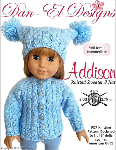 Dan-El Designs Knitting Addison Knitted Sweater and Hat 18" Doll Knitting Pattern Pixie Faire