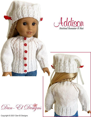 Dan-El Designs Knitting Addison Knitted Sweater and Hat 18" Doll Knitting Pattern Pixie Faire