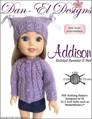 Dan-El Designs WellieWishers Addison Knitted Sweater and Hat 14.5" Doll Knitting Pattern Pixie Faire