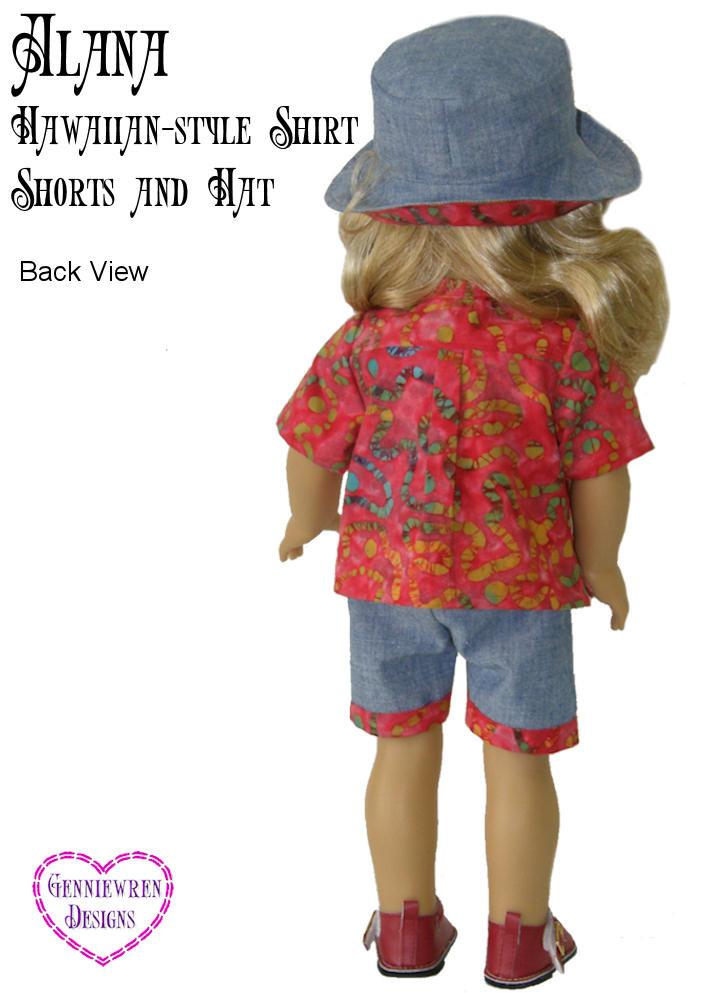 Genniewren 18 Inch Modern Alana - Hawaiian-Style Shirt, Shorts and Hat 18" Doll Clothes Pattern Pixie Faire