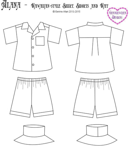 Genniewren 18 Inch Modern Alana - Hawaiian-Style Shirt, Shorts and Hat 18" Doll Clothes Pattern Pixie Faire