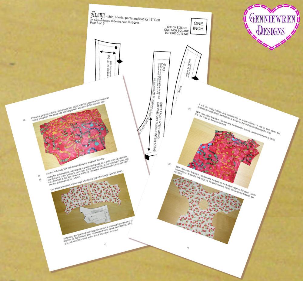 Genniewren 18 Inch Modern Alana - Hawaiian-Style Shirt, Shorts and Hat 18" Doll Clothes Pattern Pixie Faire