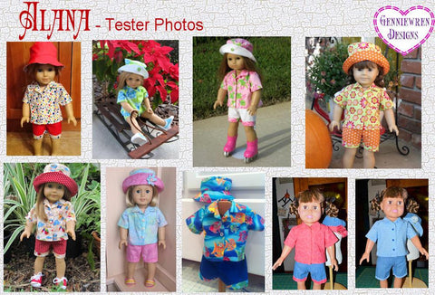 Genniewren 18 Inch Modern Alana - Hawaiian-Style Shirt, Shorts and Hat 18" Doll Clothes Pattern Pixie Faire