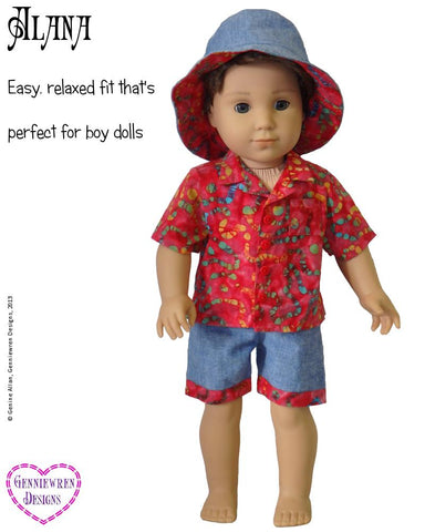 Genniewren 18 Inch Modern Alana - Hawaiian-Style Shirt, Shorts and Hat 18" Doll Clothes Pattern Pixie Faire