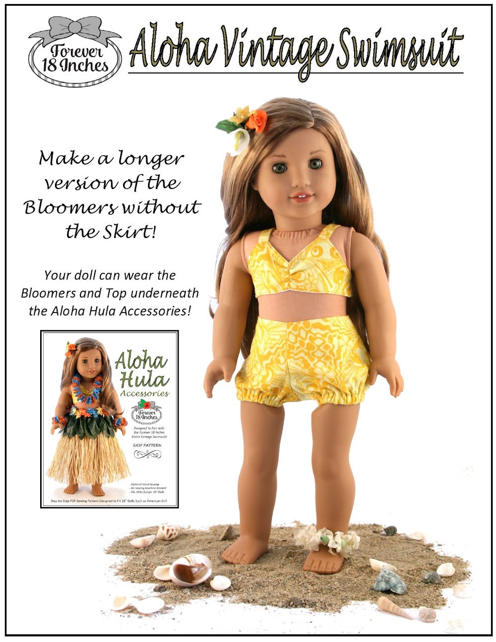 Forever 18 Inches 18 Inch Modern Aloha Vintage Swimsuit & Playsuit Skirt Bundle 18" Doll Clothes Pattern Pixie Faire