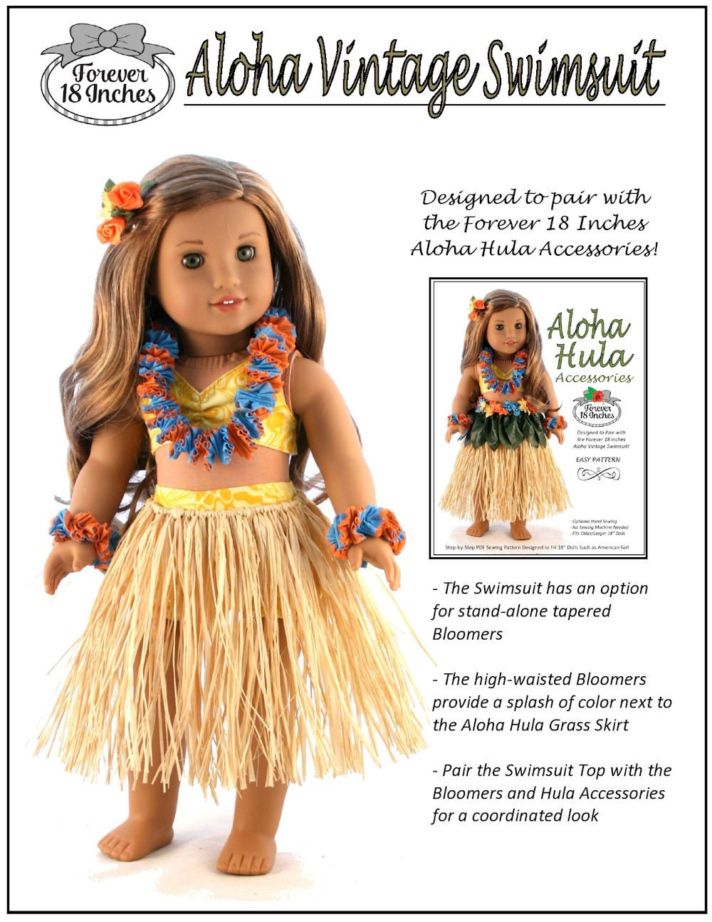 Forever 18 Inches 18 Inch Modern Aloha Vintage Swimsuit & Playsuit Skirt Bundle 18" Doll Clothes Pattern Pixie Faire