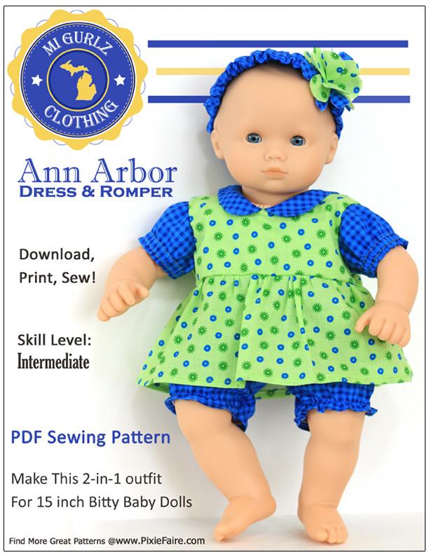 MI Gurlz Bitty Baby/Twin Ann Arbor Dress & Romper 15" Baby Doll Clothes Pixie Faire