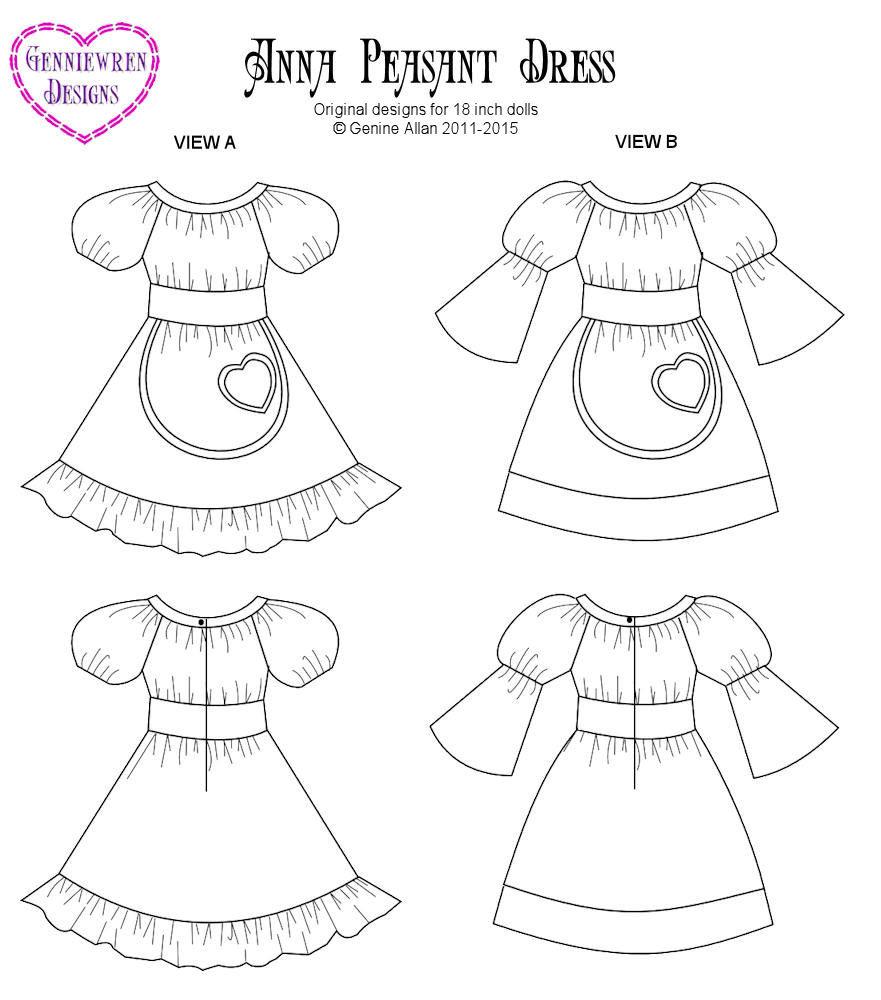 Genniewren 18 Inch Modern Anna Peasant Dress 18" Doll Clothes Pattern Pixie Faire
