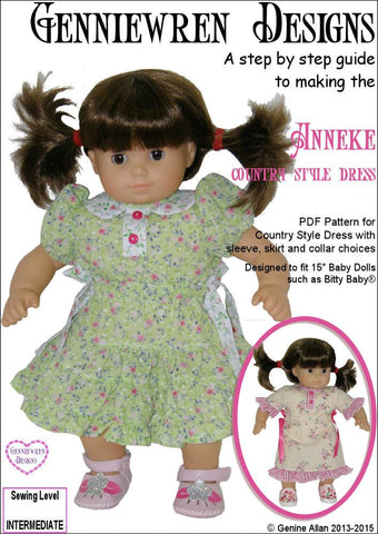 Genniewren Bitty Baby/Twin Anneke Country Style Dress 15" Baby Doll Clothes Pattern Pixie Faire