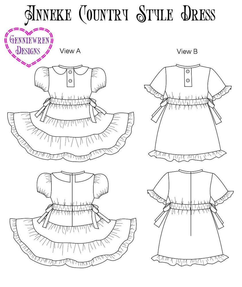 Genniewren Bitty Baby/Twin Anneke Country Style Dress 15" Baby Doll Clothes Pattern Pixie Faire