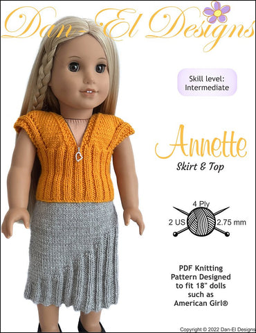 Dan-El Designs Knitting Annette Skirt & Top 18 inch Doll Knitting Pattern Pixie Faire