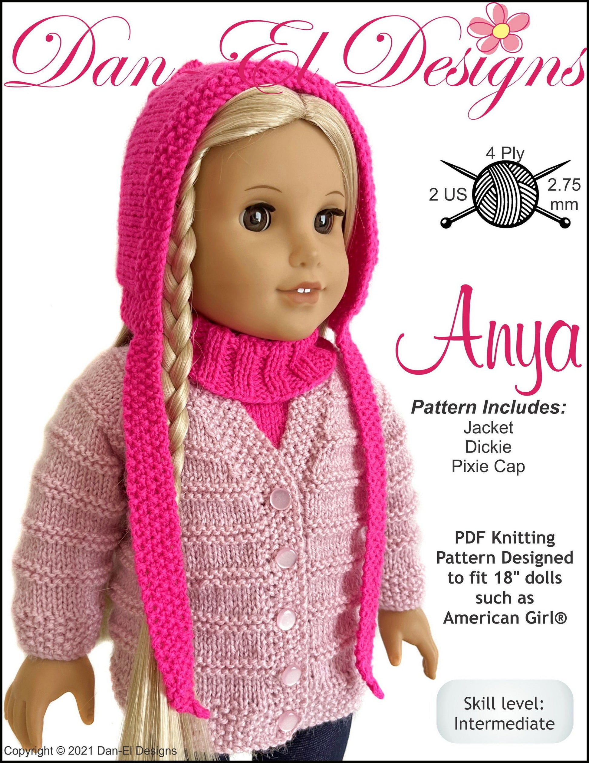 Dan-El Designs Knitting Anya 18 inch Doll Clothes Knitting Pattern Pixie Faire