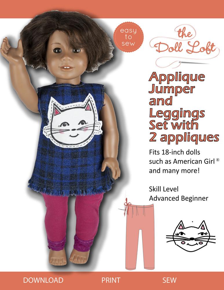 The Doll Loft 18 Inch Modern Applique Jumper and Leggings 18" Doll Clothes Pattern Pixie Faire