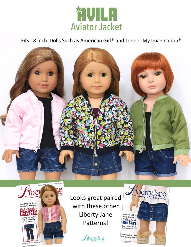 Liberty Jane 18 Inch Modern Avila Aviator Jacket 18" Doll Clothes Pattern Pixie Faire