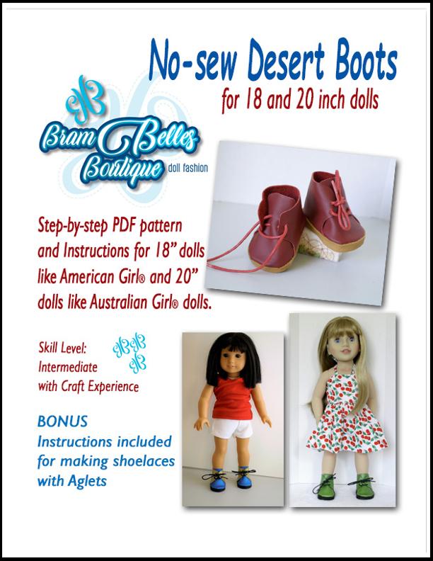Brambelles boutique Shoes No-Sew Desert Boots 18" Doll Shoe Pattern Pixie Faire