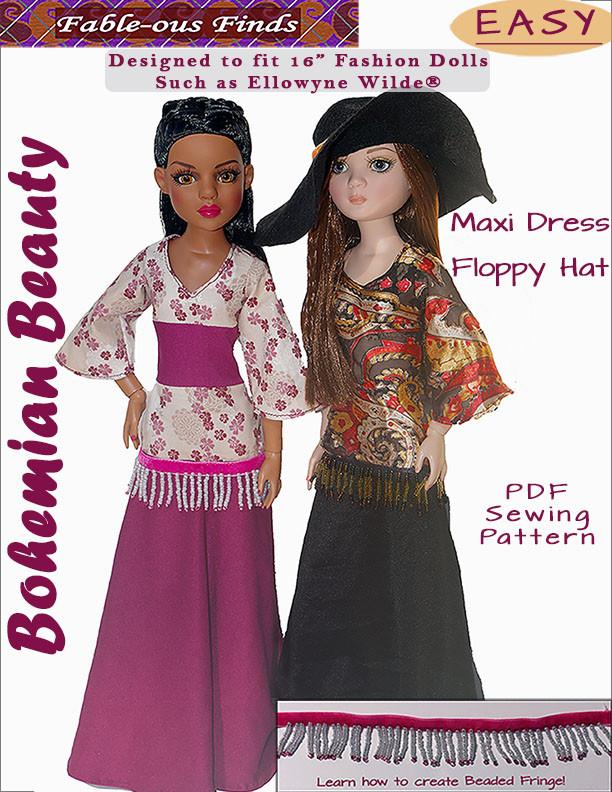 Fable-ous Finds Bohemian Beauty Maxi Dress and Floppy Hat Doll Clothes Pattern 16 inch Ellowynel Dolls