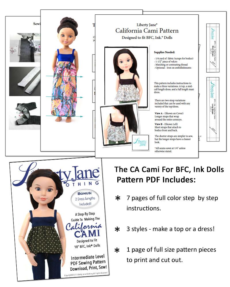 Liberty Jane BFC Ink CA Cami Top and Dress Pattern for BFC, Ink Dolls Pixie Faire