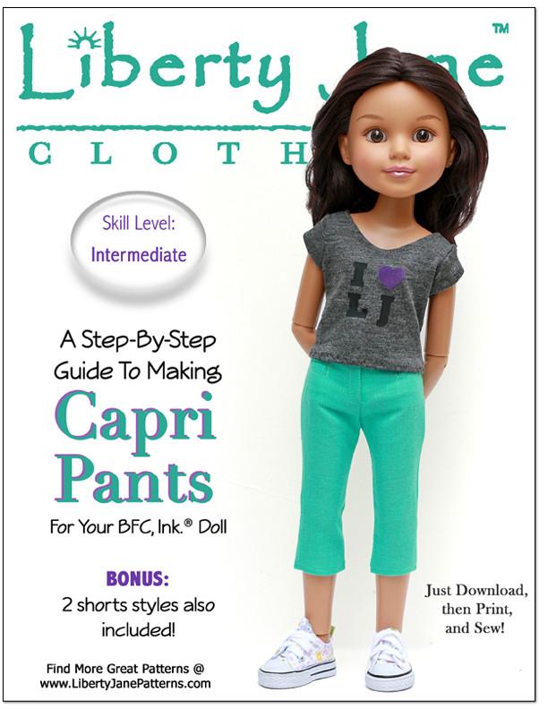 Liberty Jane BFC Ink Capri and Shorts Pattern for BFC, Ink. Dolls Pixie Faire