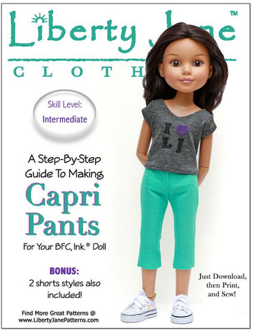 Liberty Jane BFC Ink Capri and Shorts Pattern for BFC, Ink. Dolls Pixie Faire