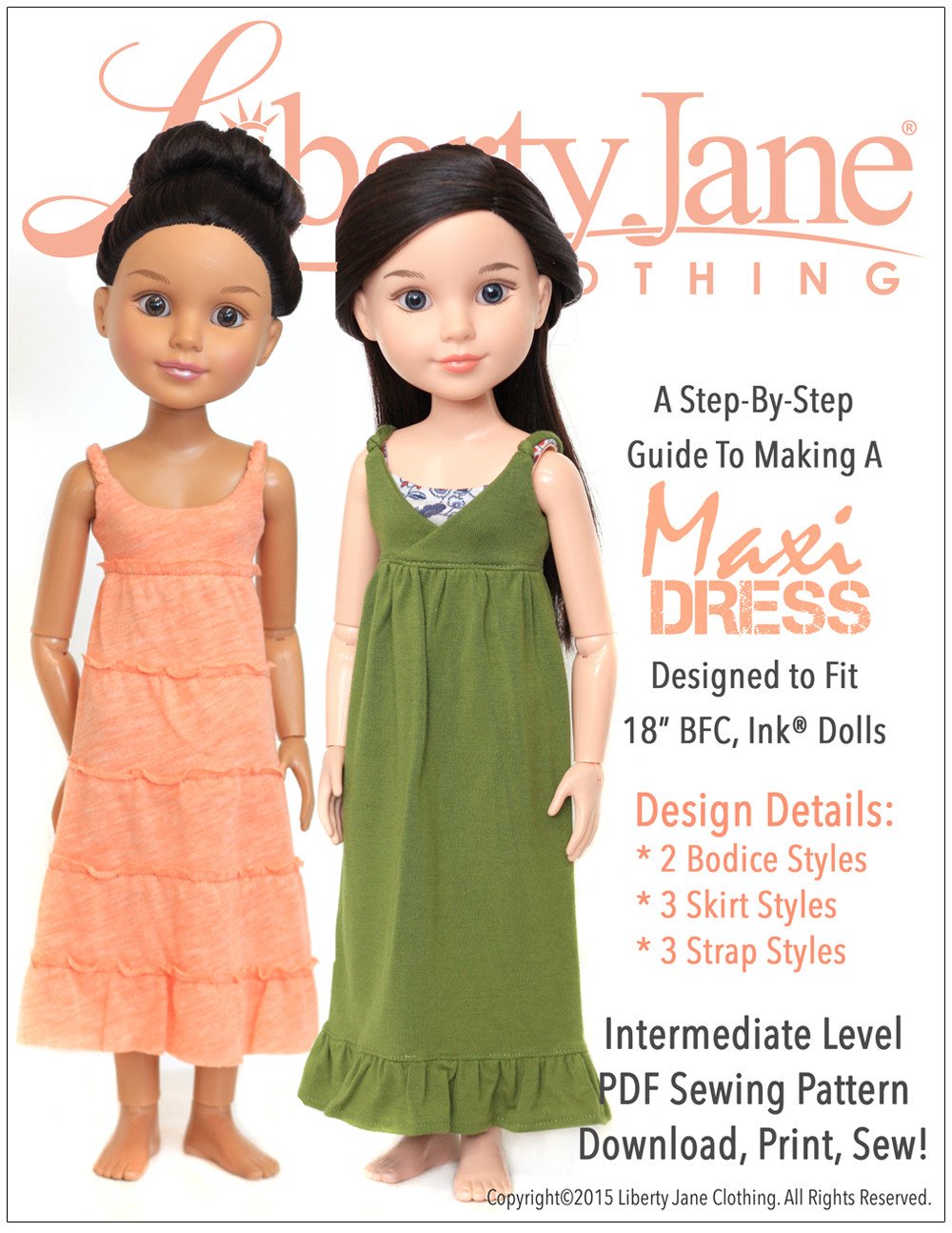 Liberty Jane Maxi Dress Doll Clothes Pattern 18 inch BFC, Dolls