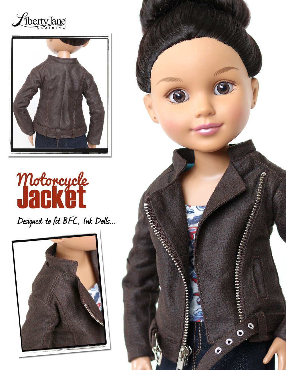 Liberty Jane BFC Ink Motorcycle Jacket Pattern for BFC, Ink Dolls Pixie Faire