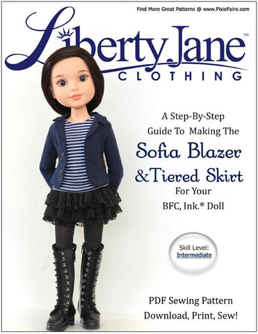 Liberty Jane BFC Ink Sofia Blazer and Tiered Skirt Pattern for BFC, Ink. Dolls Pixie Faire