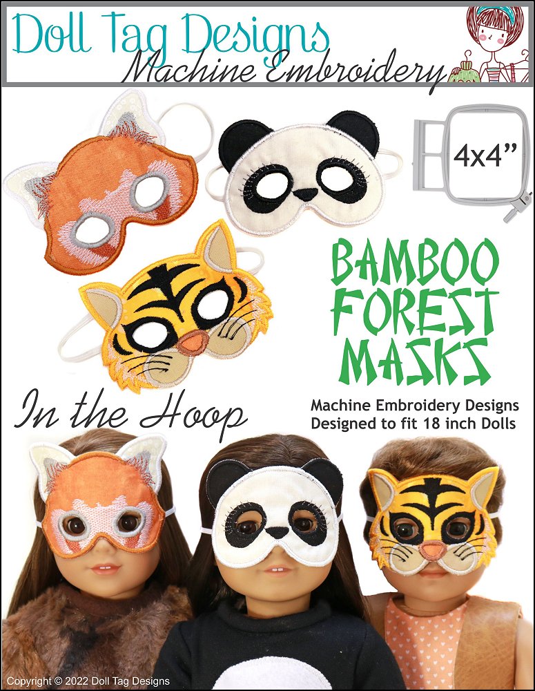 Doll Tag Clothing Machine Embroidery Design Bamboo Forest Masks For 18-inch Dolls Machine Embroidery Designs Pixie Faire