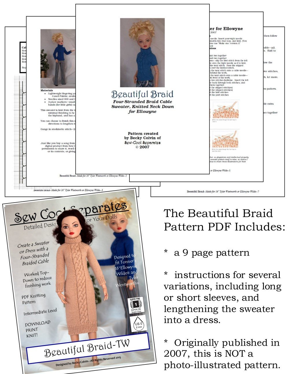 Sew Cool Separates Ellowyne Beautiful Braids Knitting Pattern for Ellowyne and Tyler Wentworth Dolls Pixie Faire