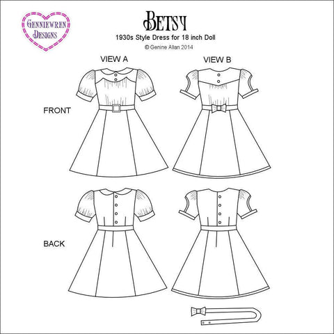Genniewren 18 Inch Historical 1930's Betsy Dress 18" Doll Clothes Pattern Pixie Faire
