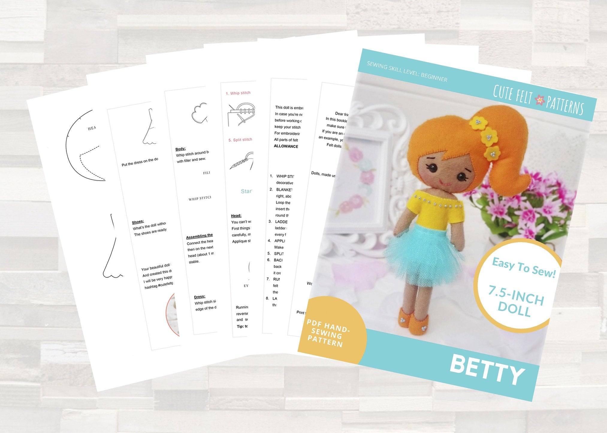 Cute Felt Patterns Hand Sewing Betty 7.5" Felt Doll Hand Sewing Pattern Pixie Faire