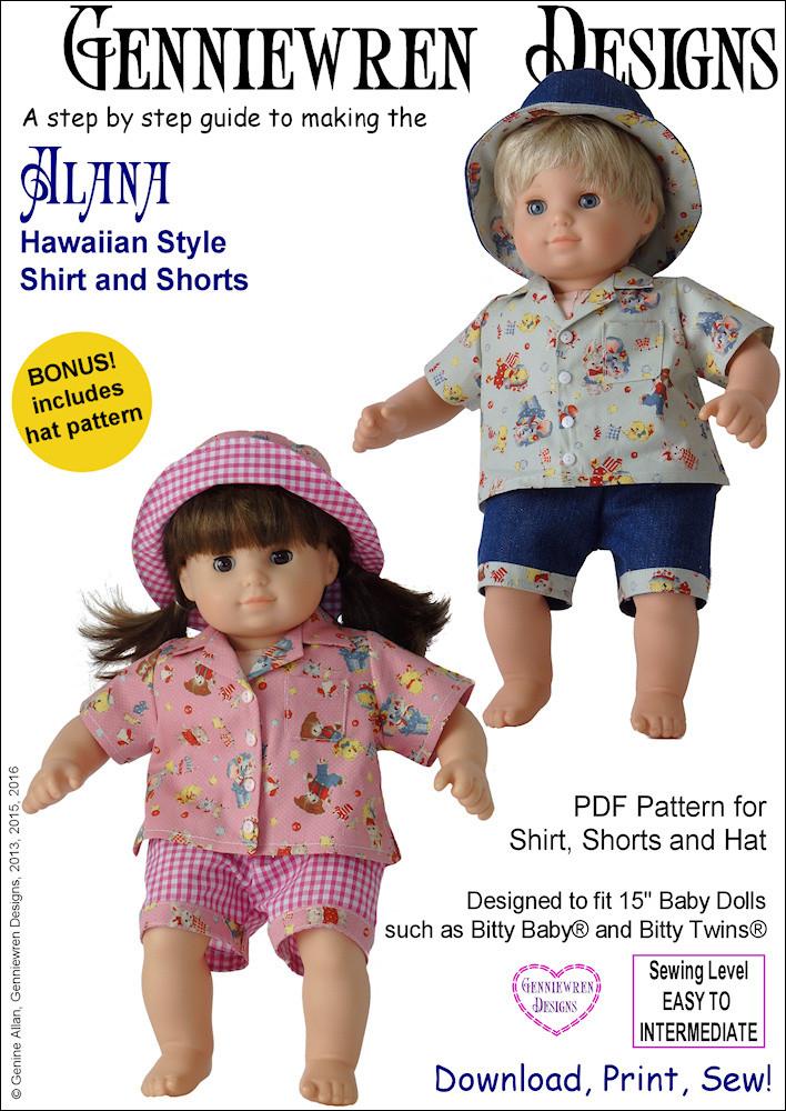 Genniewren Bitty Baby/Twin Alana - Hawaiian-Style Shirt, Shorts and Hat 15" Baby Doll Clothes Pixie Faire